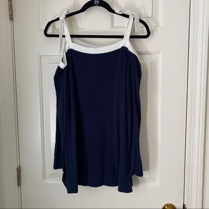 J Crew navy & white bow off the shoulder sweater